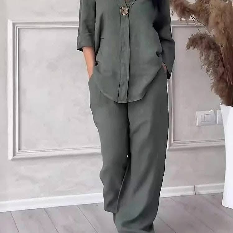 Women's V-Neck Cotton and Linen Coord