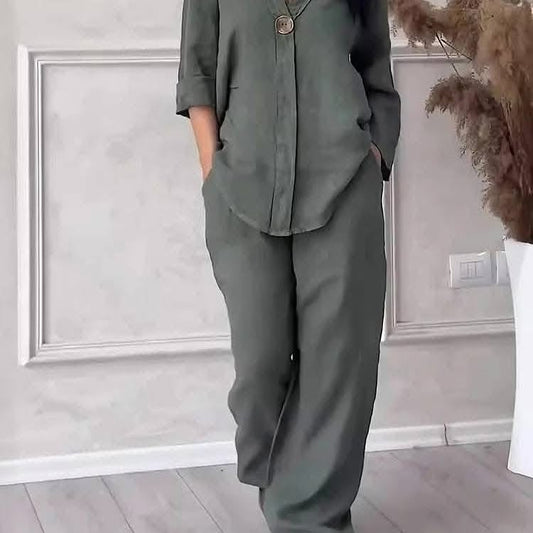 Women's V-Neck Cotton and Linen Coord